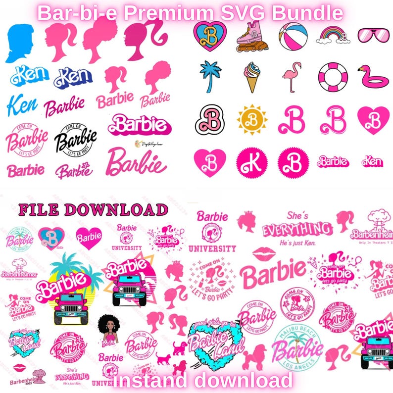 K&ouml;nnte beinhalten: Eine Sammlung von pinkfarbenen und blauen SVG-Grafiken mit dem Text "Barbie" und verwandten Bildern. Enth&auml;lt Silhouetten, Logos und Illustrationen eines Jeeps, Rollschuhs und anderer Symbole. Die W&ouml;rter "FILE DOWNLOAD" und "instant download" sind ebenfalls vorhanden.