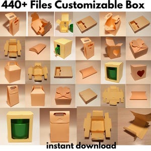 Könnte beinhalten: Eine Sammlung verschiedener anpassbarer Boxen in verschiedenen Formen und Größen, darunter Geschenkboxen und Behälter mit Griffen. Die Boxen sind in Beige- und Pfirsichtönen gehalten. Der Text auf dem Bild lautet "440+ Files Customizable Box" und "instant download".