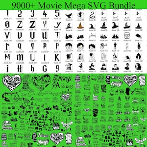 May include: A collection of over 9000 movie-themed SVG files, featuring various fonts, icons, and graphics. Includes images of characters, symbols, and quotes from popular films. The designs are in black and white, with a green background.