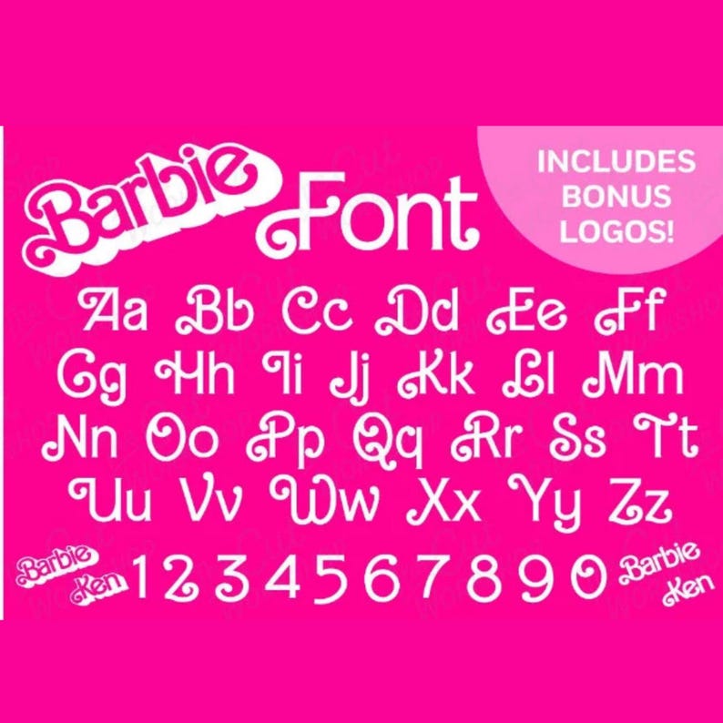 K&ouml;nnte beinhalten: Eine pinkfarbene Grafik mit der Schriftart "Barbie" in Wei&szlig;, die das Alphabet und die Zahlen 1-0 zeigt. Enth&auml;lt Bonus-Logos. Die Barbie- und Ken-Logos sind ebenfalls abgebildet.