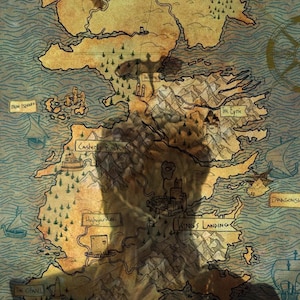 May include: A detailed map of a fictional land, featuring locations like Winterfell, King's Landing, and Highgarden. The map is in shades of brown and tan, with blue water surrounding the landmasses. Text labels identify key places.