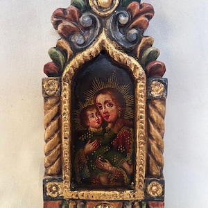 Pala d'altare peruviana - Vergine col bambino - Scolpito a mano in legno - Cultura peruviana