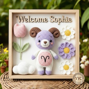 Crochet Zodiac Shadow Box Aries Bear – Personalized Baby Gift, Handmade Horoscope Nursery Decor, Custom Zodiac Amigurumi Frame