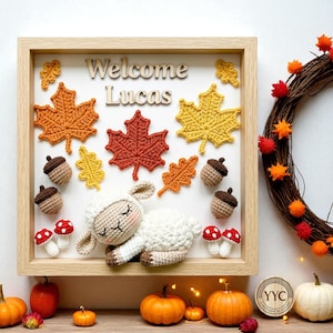Custom Crochet Lamb Shadow Box – Personalized Baby Name Gift – Handmade Nursery Wall Art – Baby Shower Keepsake