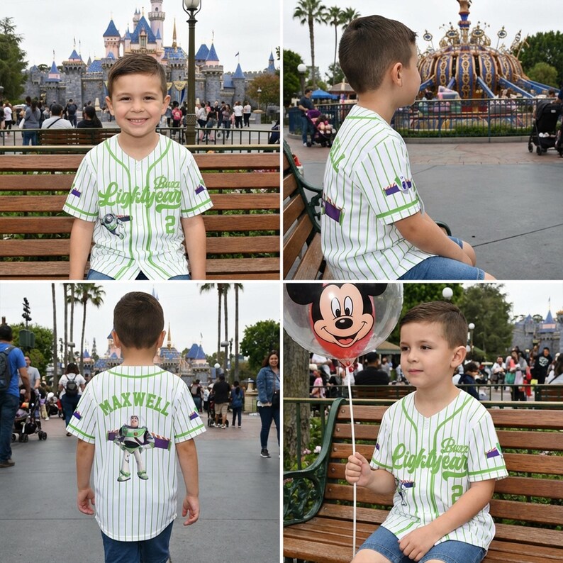K&ouml;nnte beinhalten: Ein wei&szlig;-gr&uuml;nes Baseball-Trikot mit Nadelstreifen, auf dem "Buzz Lightyear" und die Nummer 2 auf der Vorderseite stehen. Auf der R&uuml;ckseite des Trikots stehen der Name "Maxwell" und eine Buzz Lightyear-Grafik. Das Trikot wird von einem Kind in einem Themenpark getragen.