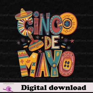 Cinco de Mayo-sublimatieontwerp, digitaal Fiesta-bestand, Mexican Party PNG, kleurrijke sombrero-clipart, cactusgitaar PNG, sublimatie