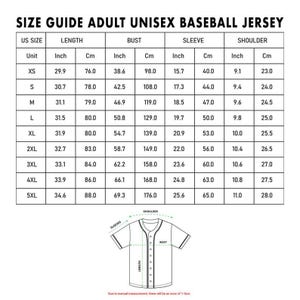 May include: Size guide for adult unisex baseball jerseys. The chart shows measurements in inches and centimeters for length, bust, sleeve, and shoulder, across sizes XS to 5XL. A diagram of a jersey illustrates the measurement points.