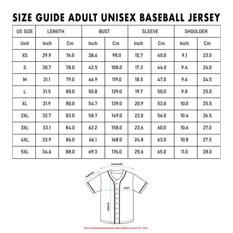 May include: Size guide for adult unisex baseball jerseys. The chart shows measurements in inches and centimeters for length, bust, sleeve, and shoulder, across sizes XS to 5XL. A diagram of a jersey illustrates the measurement points.