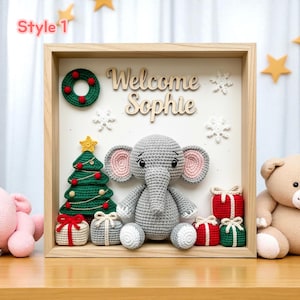 Custom Crochet Elephant Shadow Box – Personalized Baby Name Gift, Handmade Safari Nursery Decor, Newborn Keepsake Frame