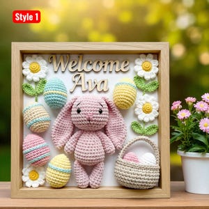 Custom Crochet Bunny Shadow Box – Personalized Baby Name Gift, Handmade Easter Nursery Decor, Newborn Keepsake Frame