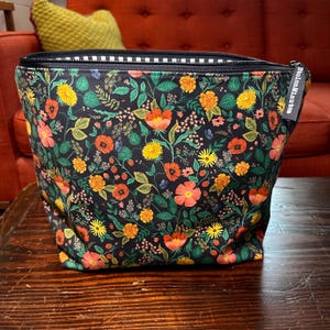 LARGE Autumn Floral Project Bag, Gifts for Knitters, Zipper Crochet, Stripes, Sweater, Scrappy Blanket Bag