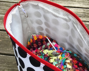 Knitting Project Bags Large WIP Wedge Gifts for Knitters Black and White Zip Project Bag Zippered Gifts for Her Crochet Zipper