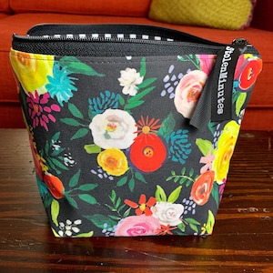 SMALL Floral Fest, Sock Knitting Project Bag, Floral Zipper Pouch, Crochet Project Pouch, Zippered Wedge, Gift for Knitting and Crochet