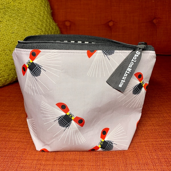 SMALL Ladybugs in Flight Knitting Project Bag, Charley Harper, Sock Knitting, Zipper Bag, Crochet Project Pouch, Black and white stripes