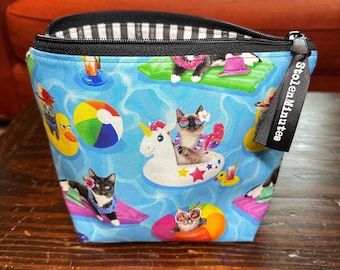 SMALL Pool Cats Sock Knitting Project Bag: Zippered Crochet Bag