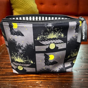 MEDIUM Bats + Campfires Knitting Project Bag, Charley Harper, Zipper Bag, Crochet Project Pouch, Zippered Wedge, Gift for Knitter