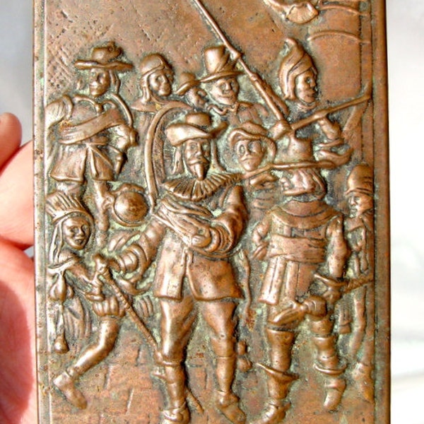 Antique Musketeers Copper Repousse Matchbox Holder Cover, Tobaccania with Old Matchbox Inside