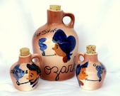 Hillbilly Moonshine Jug, S and P Shakers, Sugar Set, Handpainted Ozarks Vintage Souvenir Set of Three Mountaineers Pottery Made in USA