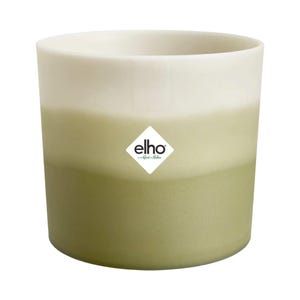 May include: A two-tone cylindrical plant pot with a smooth finish. The top section is off-white, fading into a muted green at the base. The brand name "elho" is displayed on a white diamond-shaped label on the front.