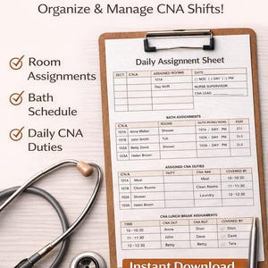 Peut inclure: Un presse-papiers avec une "Feuille de mission quotidienne" pour gérer les quarts de travail des aides-soignants. La feuille comprend des sections pour les affectations de chambres, les horaires de bain et les tâches quotidiennes des aides-soignants. Un stéthoscope et un stylo sont sur la surface.