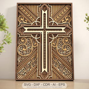 Layered Cross SVG File for Laser Cutting – Christian Mandala Cross Wall Art – Multi Layer Religious Cricut Cut Template, CNC Pattern