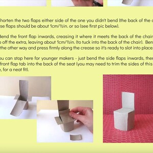 May include: A craft tutorial page with a light yellow background featuring black text instructions numbered 5, 6, and 7. Three photographs show the step-by-step construction of a small chair made from a brown cardboard tube, including side flaps.