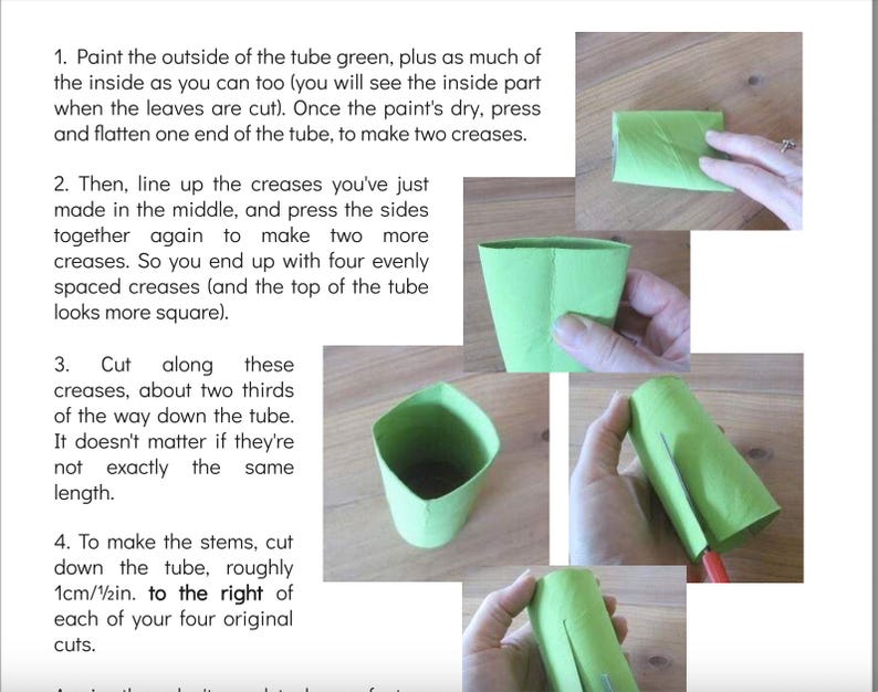 May include: A craft tutorial infographic featuring a green painted cardboard tube. The text provides four numbered steps for cutting the tube to create stems. Images show the tube being flattened, creased, and cut with scissors to form shapes.