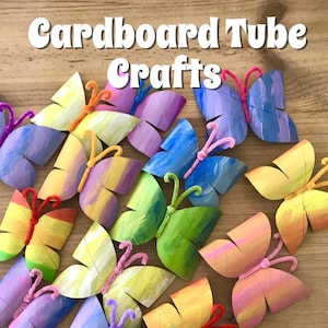 May include: A collection of butterfly crafts made from painted cardboard tubes with pipe cleaner antennae. The butterflies feature various colors including blue, yellow, green, orange, and pink. The text Cardboard Tube Crafts is visible.