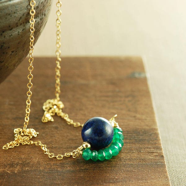 Lapis Lazuli Apatite Layered Gemstone Handmade Necklace, Colorblock Green and Blue Gemstone Necklace in 14k Gold Fill