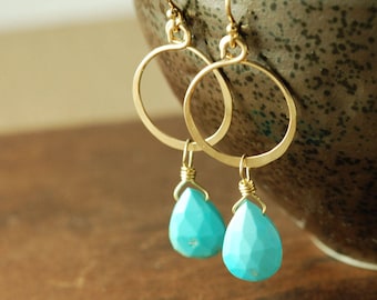 Turquoise Gold Hoop Earrings, December Birthstone Gemstone Dangle Earrings, Boho Turquoise Earrings