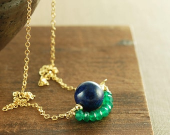 Lapis Lazuli Apatite Layered Gemstone Handmade Necklace, Colorblock Green and Blue Gemstone Necklace in 14k Gold Fill