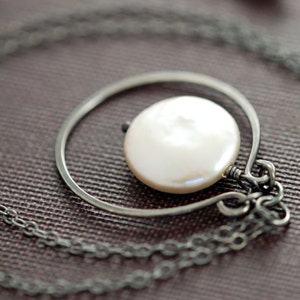 Coin Pearl Sterling Silver Necklace, Handmade Pendant Oxidized Hoop, aubepine image 1