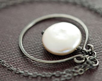 Coin Pearl Sterling Silver Necklace, Handmade Pendant Oxidized Hoop, aubepine