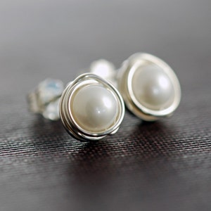 June Birthstone Pearl Post Earrings in Sterling Silver, Handmade Wire Wrapped Pearl Jewelry