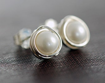 June Birthstone Pearl Post Earrings in Sterling Silver, Handmade Wire Wrapped Pearl Jewelry