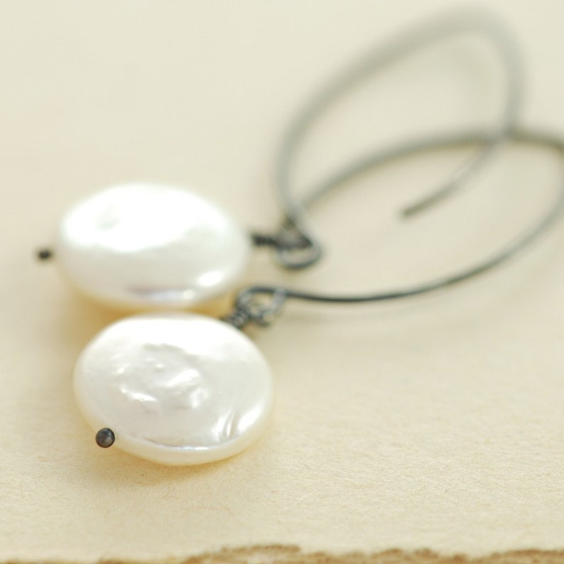 Coin Pearl Earrings Sterling Silver, Pearl Drop Earrings, Oxidized, aubepine image 4