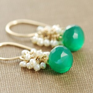 May Summer Birthday Green Gemstone Drop Earrings, Gold Dangle Earrings with Pearl Clusters