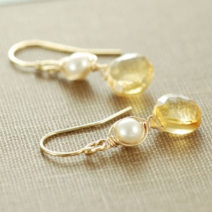 Honey Citrine Pearl Earrings, November Birthstone Jewelry, Gold Gemstone Dangle Earrings, aubepine