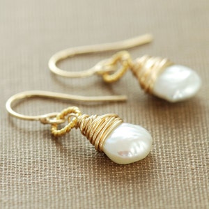 Pearl Dangle Earrings 14k Gold Fill, June Birthstone Jewelry, Keishi Pearl Wire Wrapped Handmade, aubepine