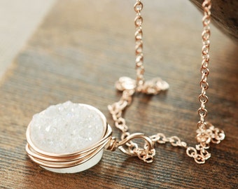 White Druzy Rose Gold Necklace, Druzy Jewelry, 14k Rose Gold Statement Necklace, Layering Necklace