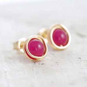 Bright Pink Post Earrings, Wire Wrapped Gold Gemstone Earrings, aubepine image 3