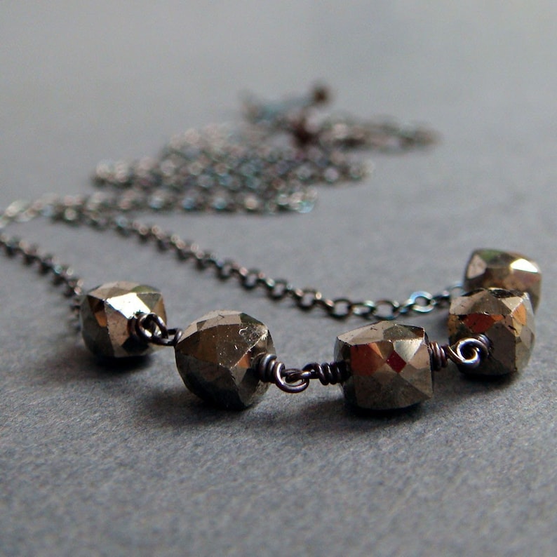 Pyrite Necklace in Oxidized Sterling Silver, Handmade Modern Gemstone Necklace, aubepine image 1