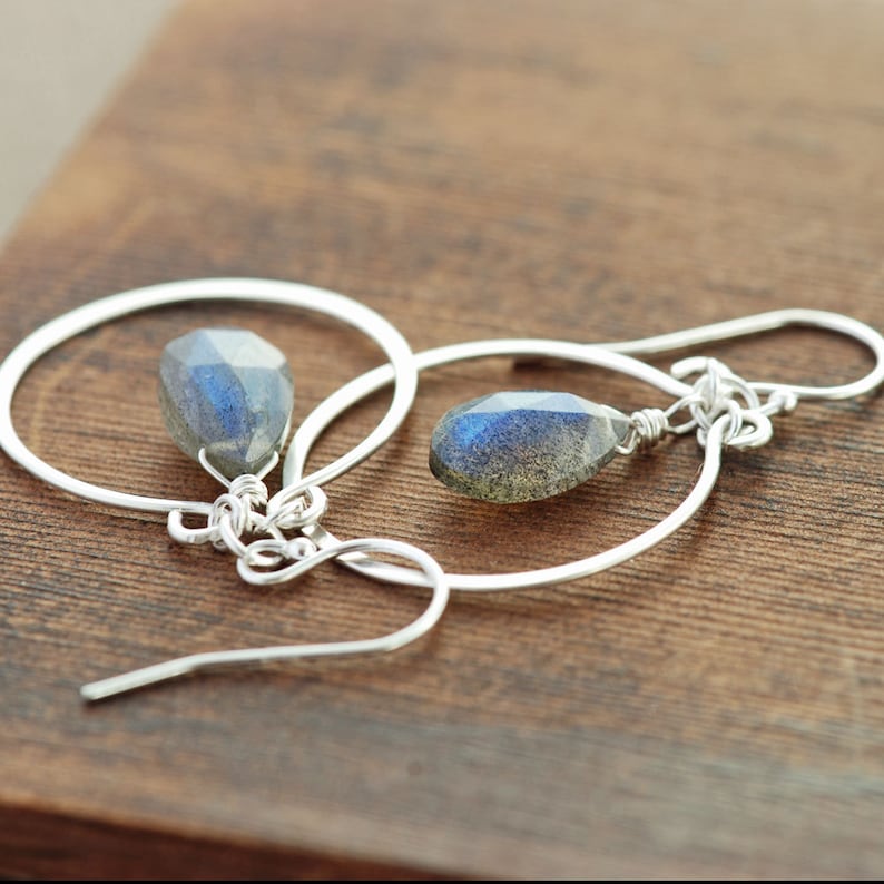 Sterling Silver Chandelier Earrings with Dangling Labradorite, Gray Gemstone Hoop Earrings image 1