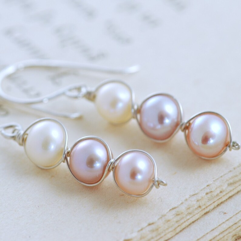 Pastel Pearl Earrings Sterling Silver, Bridesmaid Jewelry, June Birthstone, Delicate Pearl Dangle Earrings, aubepine image 2