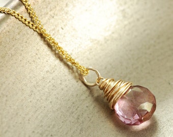 Black Friday Cyber Monday Sale- Holiday SALE  Pink Quartz Necklace Wrapped in 14k Gold Fill, Plum Gemstone Pendant Necklace Handmade