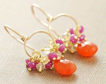 Fruit Punch, Orange Pink Gemstone 14k Gold Hoop Earrings, Carnelian Citrine Pink Sapphire Clusters, aubepine