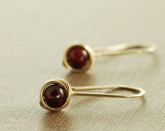 Garnet Drop Earrings in 14k Gold Fill, Simple Gold Garnet Birthstone Earrings