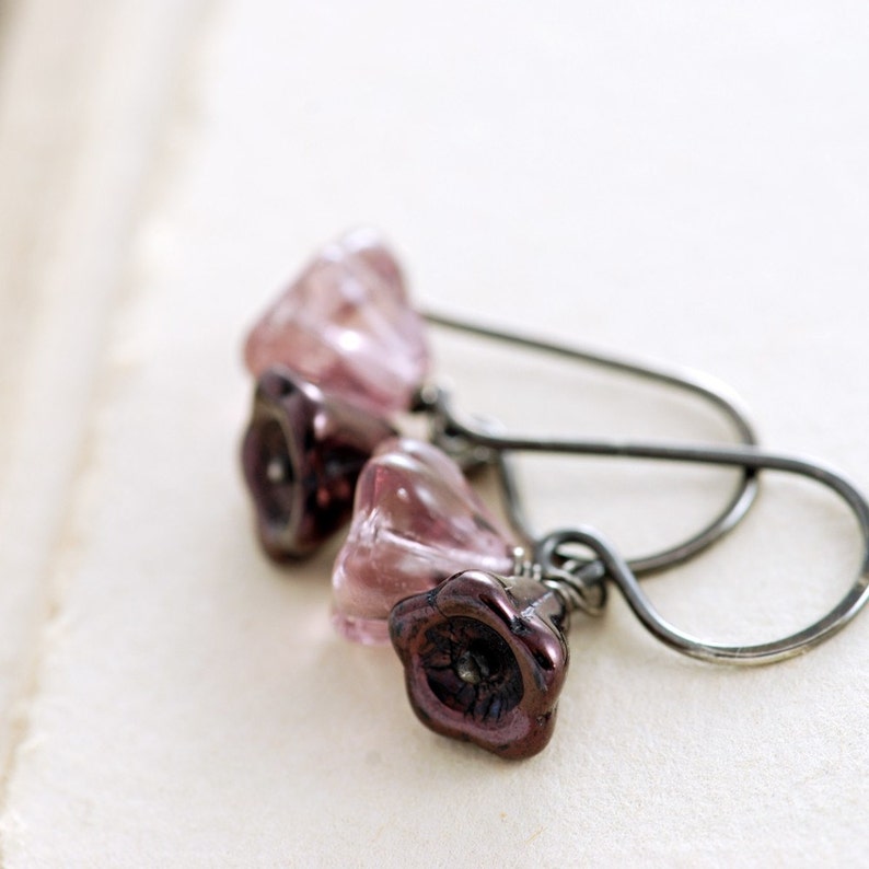 Purple Flower Earrings Sterling Silver Czech Glass Lavender Amethyst Wire Wrapped Handmade, aubepine image 2