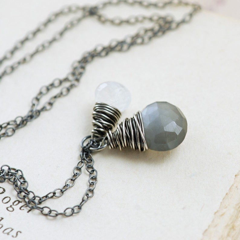 Gray Moonstone Necklace Wrapped in Sterling Silver Oxidized, Gray White Gemstone Necklace, aubepine image 3