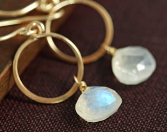 Moonstone Hoop Earrings 14k Gold Fill, Gemstone Dangle Earrings Handmade